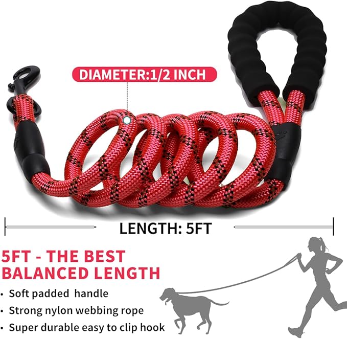 COOYOO Dog Leash 6 FT Heavy Duty - Comfortable Padded Handle - 1/2 inch Reflective Dog Leash for Medium Large Dogs with Poo Bag Dispenser