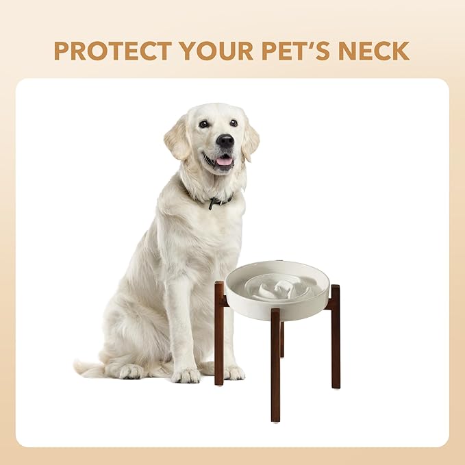 Ceramic 3.2 Cup Raised Slow Feeder Dog Bowl Set, Elevated Acacia Wood Stand for Large Dog, 9.5inch Slow Dish, Stop Bloat(Single Bowl+ Stand, Vanilla White)
