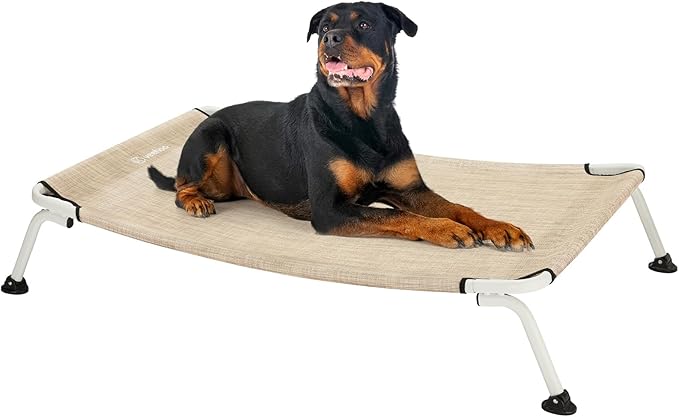 Veehoo Elevated Dog Bed for Outdoor, Cooling Waterproof Raised Dog Cots Beds XL, Curved Off Ground Pet Hammock Cot Lifted for Outside, up to 150lbs, White Legs, Beige 49"