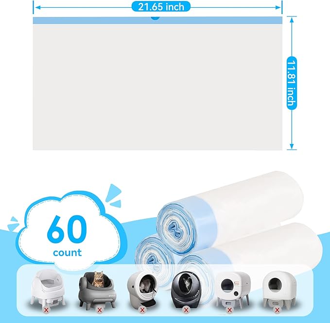Cat Litter Bags 60 Count, 21.65"x11.8" Drawstring Close Litter Box Liners for Automatic Litter Box,Thick Cat Poop Bags,Easy to Clean,Heavy Duty Robot Bag for Self-Cleaning Box