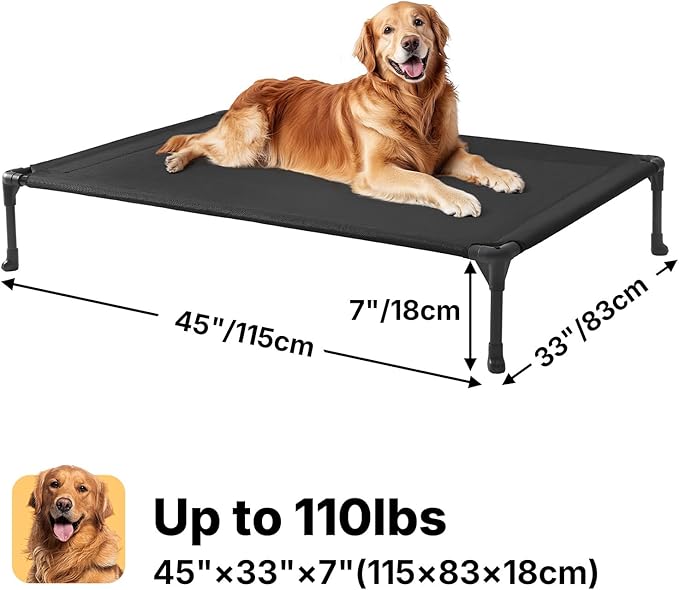 Veehoo Outdoor Elevated Dog Bed Large Sized Dogs, Extra Large Cooling Raised Dog Cots Beds Training Platform Off Ground Hammock with Breathable Mesh, No-Slip Feet, 45"x33", Black