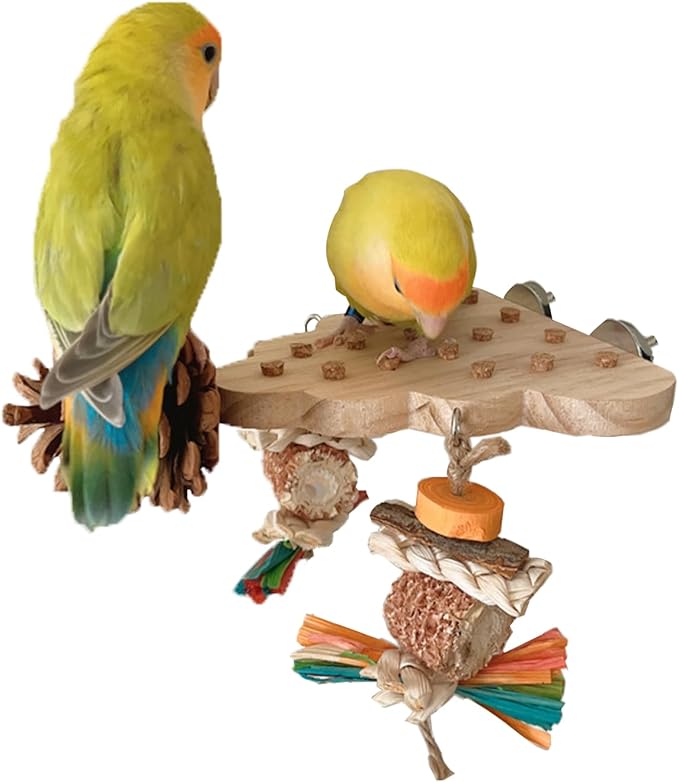 Parrot Toys, Parrot Wooden Toys Long Tailed Bird Toys with Pure Natural Corn Sticks and Pure Natural Pine Cones, Fun Bird Cage Accessories