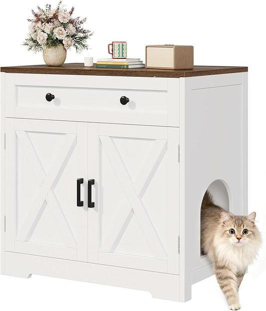 Cat Litter Box Enclosure with Storage Drawers, Hidden Litter Box Wooden Furniture, Modern Farmhouse Indoor Cat House and Multi Functional Side Table, White