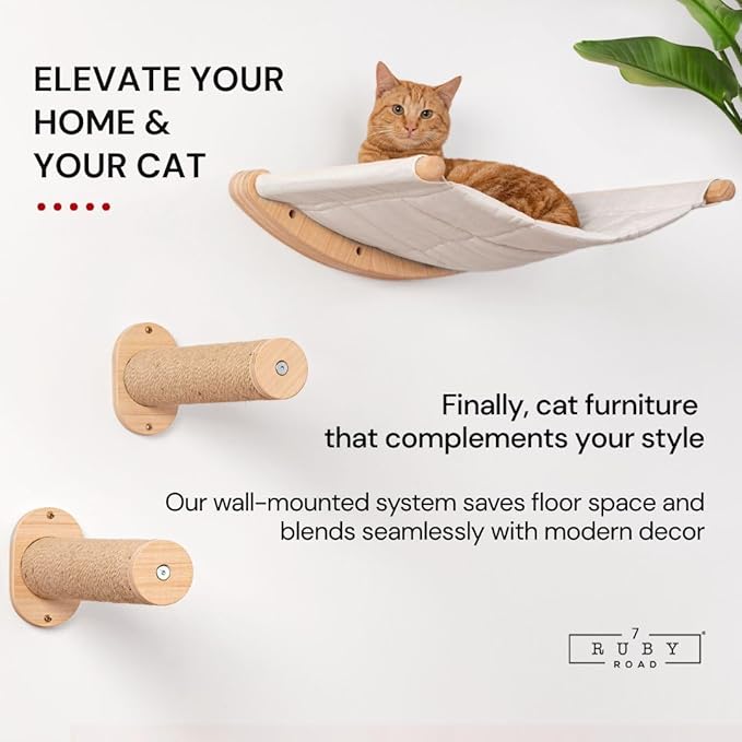 7 Ruby Road Cat Hammock Wall Mounted Shelf with Two Steps Set - Wall Shelves and Perches for Sleeping, Playing, Climbing and Lounging - Modern Cat Bed & Furniture for Indoor and Large Cats or Kitty