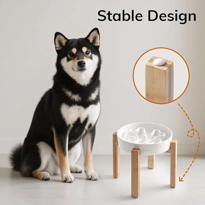 Slow Feeder,Ceramic-Slow Feeder Dog Bowls Elevated for Medium and Large Breed,2.5 Cups Slow Feed Dog Bowl with Stand,White