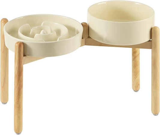 3.2 Cup Ceramic Raised Slow Feeder Dog Bowl Set, Elevated 8.2inch Bowl and 9.5inch Puzzle Slow Food Dish with Wooden Stand for Large Dog, Anti-Gulping (2 x Beige+ Stand)