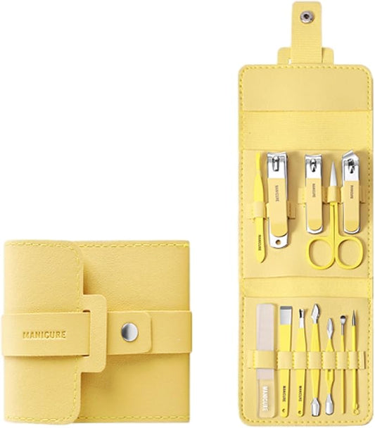 Portable Nail Clipper Set (12/16pcs), Folding Leather Nail Clipper Set, Easy Storage Manicure Kit with Clippers, Cuticle Trimmer & Care Tools, Compact Manicure Kit (Yellow 12PCS)