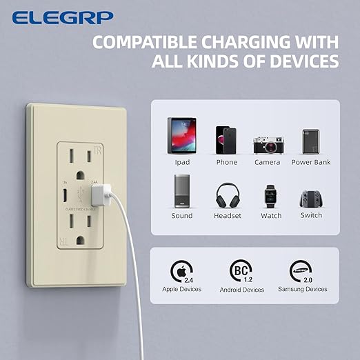 ELEGRP USB Charger Wall Outlet, USB Receptacle with USB A & USB C Ports, 15 Amp Duplex Tamper Resistant Receptacle Plug NEMA 5-15R, Wall Plate Included, UL Listed, 1 Pack, Matte Light Almond