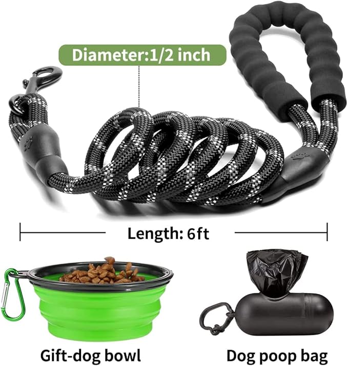COOYOO 2 Pack Dog Leash 6 FT Heavy Duty - Comfortable Padded Handle - Reflective Dog Leash for Medium Large Dogs with Collapsible Pet Bowl Set 6-Black+Green