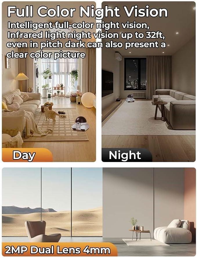 Movable 2MP+2MP Dual Lens Dual Screen Pet Robot 2.4 GHz WiFi Smart Home Security Camera P 360°/T 90° Rotation Monitoring Phone App 2 Way Audio Motion Detection Alerts Night Vision Cat Dog Camera