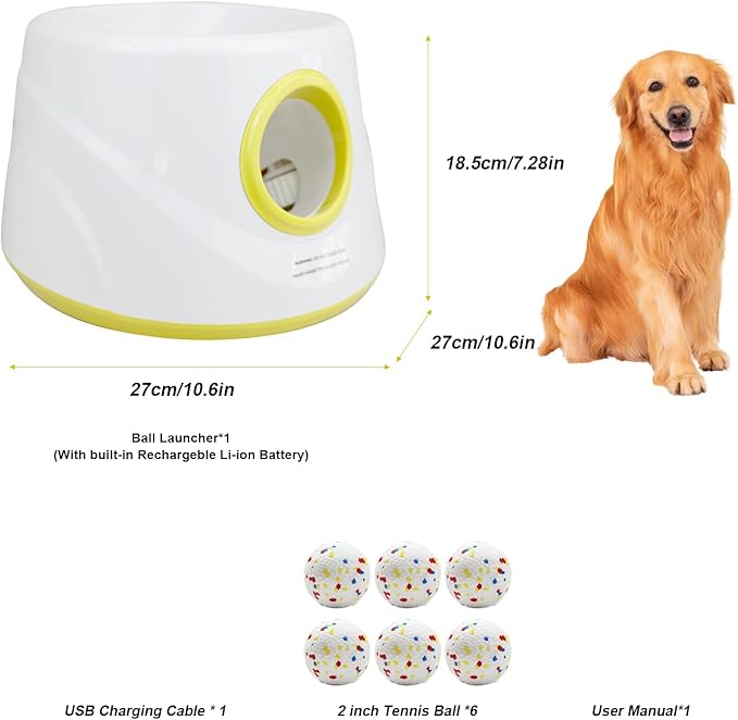 Automatic Dog Ball Launcher with 6 ETPU Balls, White, Adjustable Distance 20-45ft, USB Rechargeable, Interactive Pet Toy-Blue (Yellow)