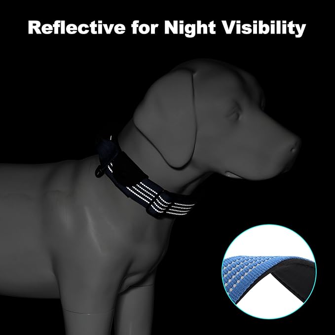 Plutus Pet Tactical Dog Collar with Tracker Packet for AirTag, Adjustable Reflective Nylon Collar, Metal Buckle, Leather-Wrapped Handle, Soft Padded for Medium Large Dogs (Blue, S)