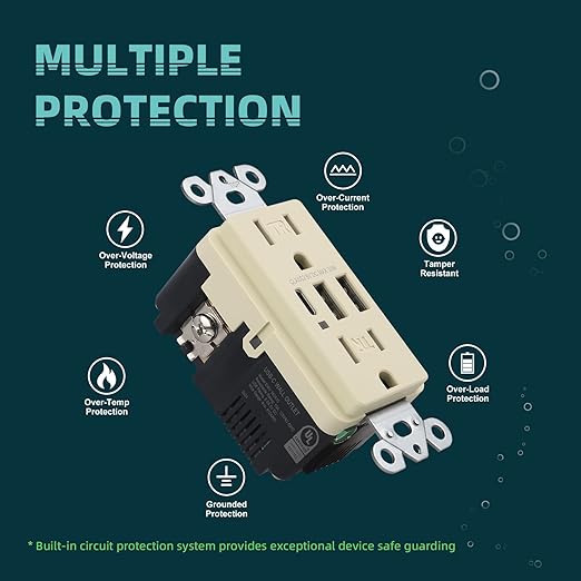 TOPELER USB Wall Outlet, 30W 6.0A USB C Electrical Outlet, 15 Amp Tamper-Resistant Receptacle Plug, Charging Power Outlet with USB-A&C Ports, UL & FCC Listed, Screwless Wall Plate, Ivory, 2 Pack