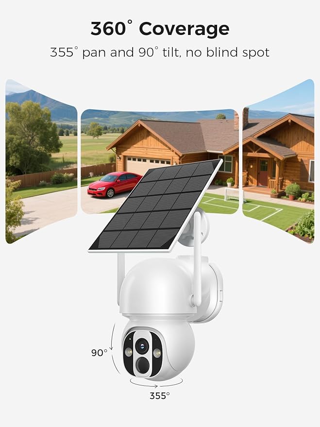 Solar Security Camera Outdoor Wireless WiFi Pro, 4MP Color Night Vision, AI/PIR Motion Detection, 360 PT, 2-Way Audio, IP66, 2.4/5GHz, SD/Cloud Storage, Compatible with Alexa, Mobile App & HomeBase