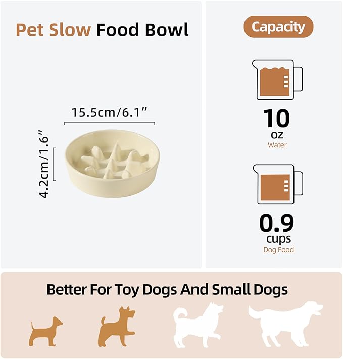 Ceramic 0.9 Cup Dog Bowl Slow Feeder, 6.1inch Slow Pet Food Dish for Small Dog and Cat, Stop Bloat, Preventing Choking(Single Bowl, Beige)