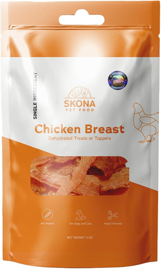 Skona PetFood Chicken Breast Jerky Dog Treats & Cat Jerky Treats, High Protein, Single-Ingredient Training Snacks, Grain-Free, USA Made, Rich in Taurine, Supports Digestion & Dental Health, 4oz