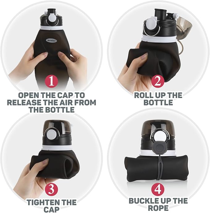 Kemier Collapsible Silicone Water Bottles-750ML,Medical Grade,BPA Free Travel Water Bottle Can Roll Up,26oz,Leak Proof Foldable Sports & Outdoor Water Bottles