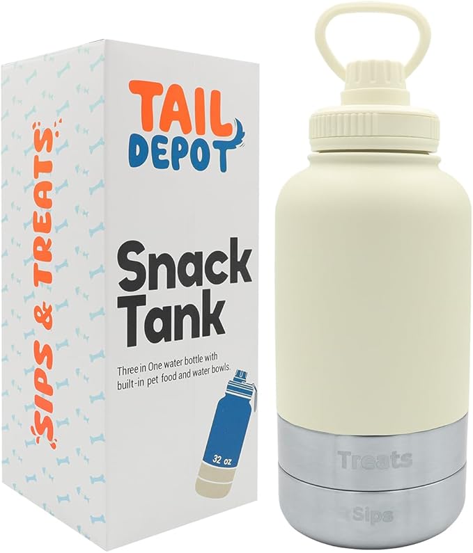 Tail Depot Snack Tank, 3-in-1 Water Bottle with Pet Treats and Water Bowl, Stainless Steel, Leakproof (Ivory, 1 Liter)