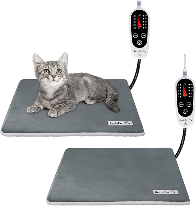 Rest-Eazzzy Heating Pad, Heated Cat Bed with Removable Cover, 5-Level Timer & Temperature, Indoor Warming Mat for Cats & Dogs (Pure-Grey, 2pcs)