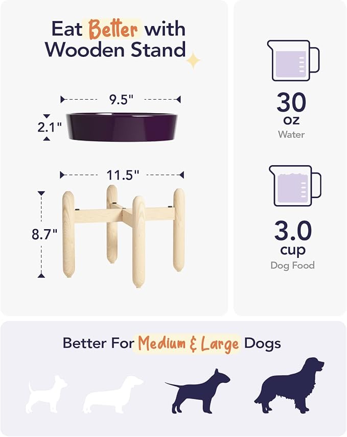 LE TAUCI Ceramic Slow Feeder Dog Bowls Elevated, 3 Cup Raised Bowl with Wooden Stand for Medium Large Breed, Slow Down Eating, Puzzle Dog Food Bowl, Maze Purple