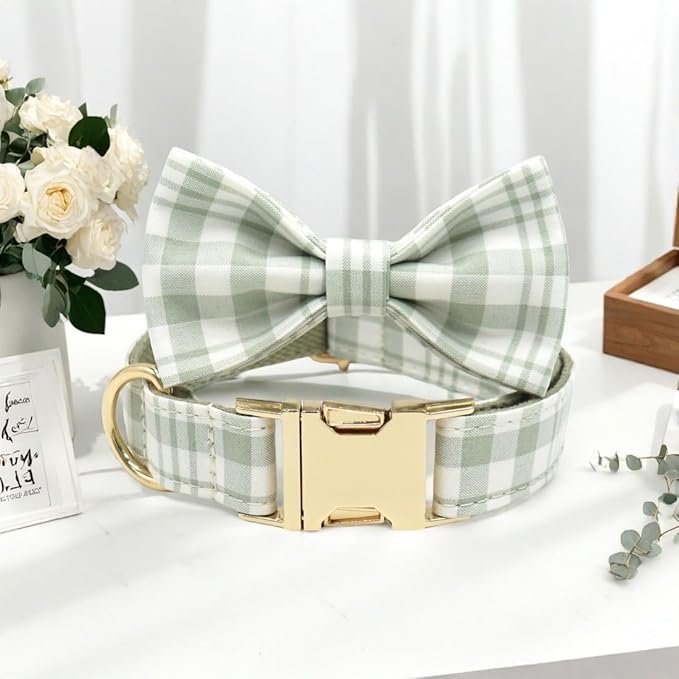 PETDURO Personalized Dog Collar Olive Green Plaid for Large Medium Dogs | Engraved Name and Phone Number on Gold Metal Buckle for Boys & Girls | Add Leash & Bow Tie via Customize Now