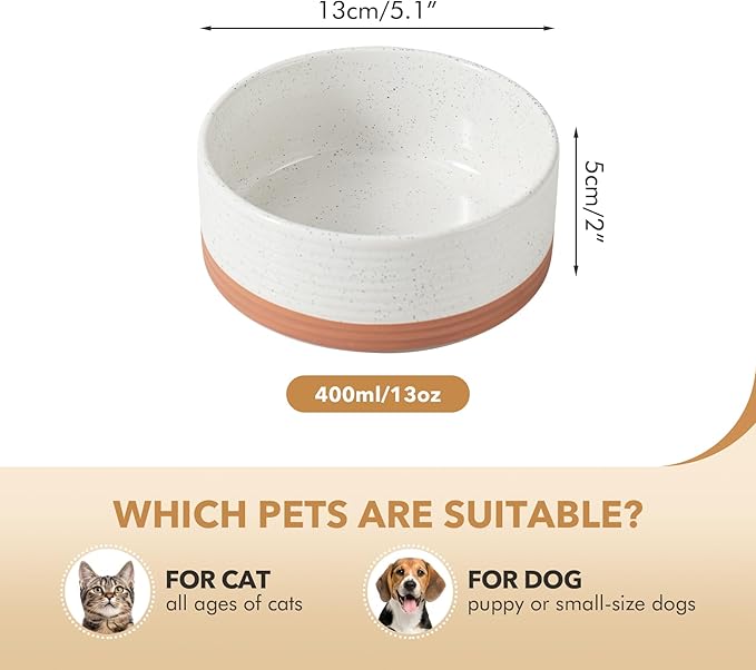 Ceramic 5.1inch Set of 2 Dog and Cat Bowls for Puppy, Kitty, Cats, 2pcs Anti-Slip Food and Water Pet Feeder(2 Bowls, Vanilla White)