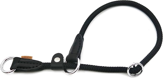 Braided Round Martingale Dog Collar, Training Collar with Slidable Stop Ring and Adjustable Stopper - Ideal for Medium Dogs (M(1/3") - 18" Long, Black)