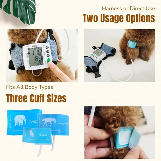 Wearable Digital Veterinary Blood Pressure Monitor for Cats & Dogs, 3 Cuff Sizes (4.2–15cm) Adjustable Range, Automatic BP & Heart Rate Measurement, Dual-User 120 Memory