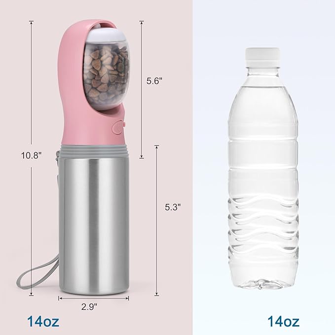 Portable Dog Water Bottle with Food Container, 14 OZ, Stainless Steel Leak Proof Puppy Water Dispenser with Drinking Feeder for Pets Travel, Walking, Hiking and Outdoor Activities