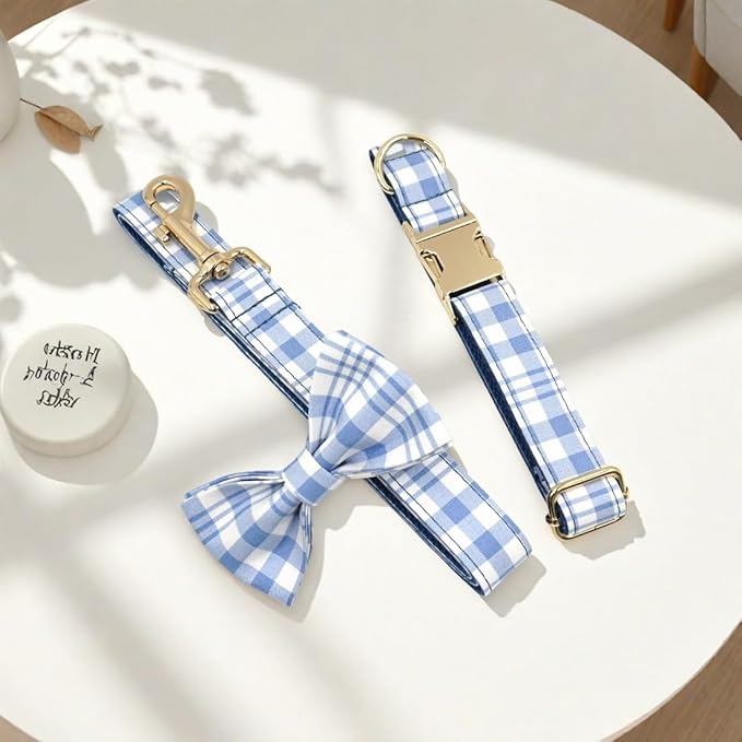 PETDURO Personalized Dog Collar Navy Blue Plaid for Large Medium Dogs | Engraved Name and Phone Number on Gold Metal Buckle for Boys | Add Leash & Bow Tie via Customize Now