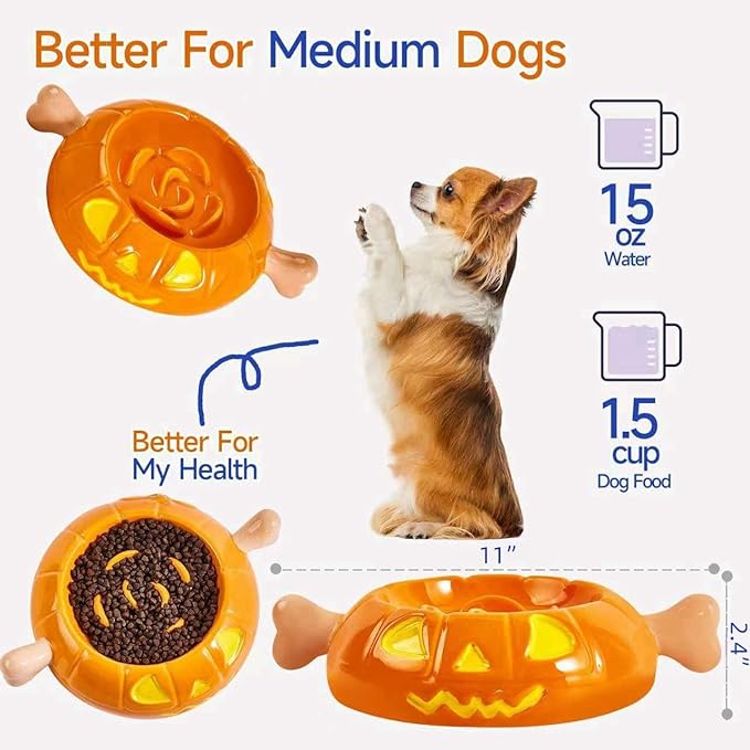 Dog Bowls Slow Feeder Ceramic, Pumpkin-Shaped & The Bone Handle Design,1.5 Cups Small Medium Breed, Slow Feeder for Fast Eater, Dog Dishes to Slow Down Eating, Orange