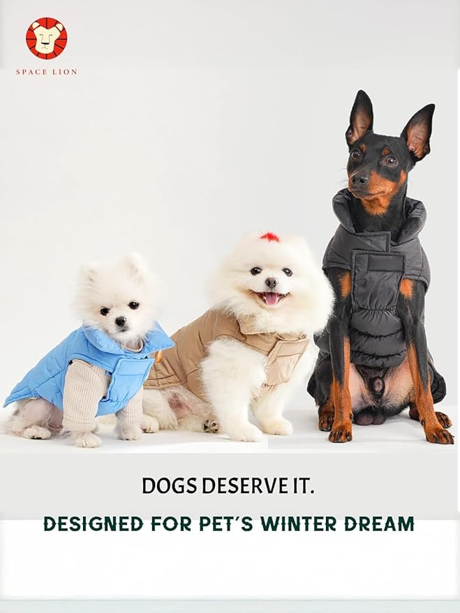 SPACE LION Dog Puffer Jacket, Down Winter Coat, Durable Outdoor Coat for Cold and Windy Conditions, Lightweight & Adjustable Fit Coats for Medium Dogs, (Alaskan Blue, Size 14 Gift Box)