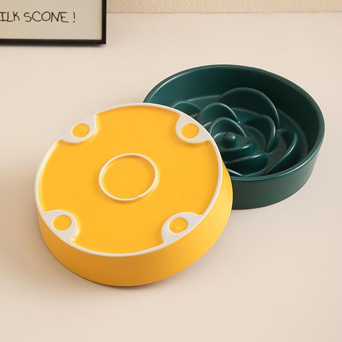 8.25'' Ceramic Slow Feeder Dog Bowls - Petal Shape Modern Dog Food Dish for Medium and Large Breeds, Puzzle Maze Bowl to Slow Down Eating, Anti-Gulping, Dishwasher & Microwave Safe, Yellow
