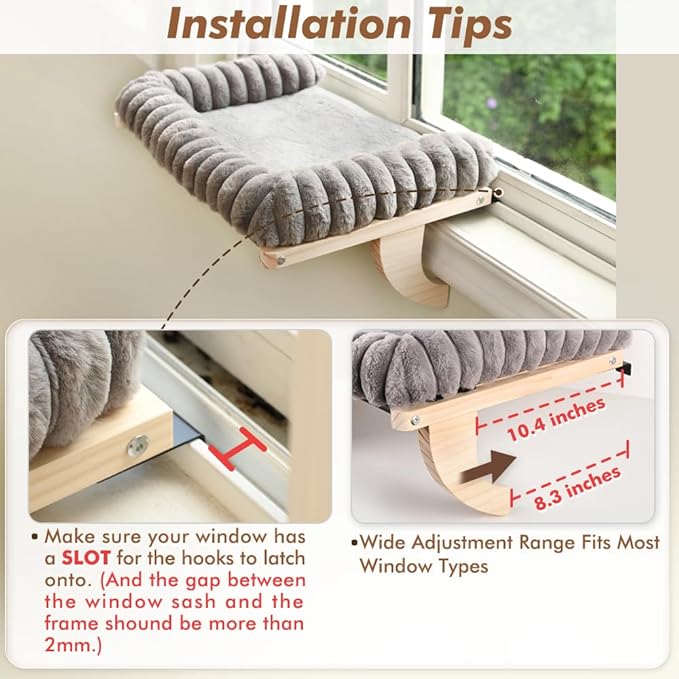 Cloud-Soft Cat Window Sill Perch with Zipper Designed Cushioned Bed, Supportive Cat Window Seat with Premium Solid Wood & Sturdy Metal Frame, Pet Hammock Bed for Large Cats (Large, Gray)