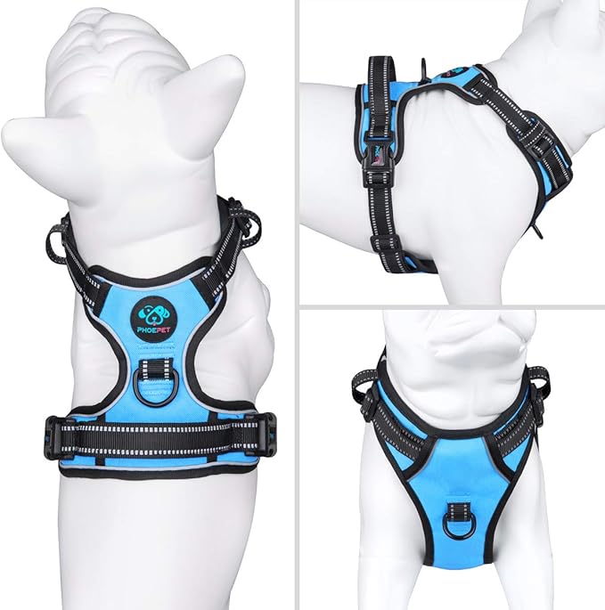 PHOEPET Reflective Dog Harness No Pull Large Breed Vest with 2 Metal Leash Attachment Hooks(XL, Blue)