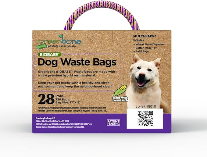 Greenbone BioBase Purple Dog Poop Bag Refills: 28 Rolls - 336 Bags with Dispenser and Rope Toy Handle- Dog Gift Set