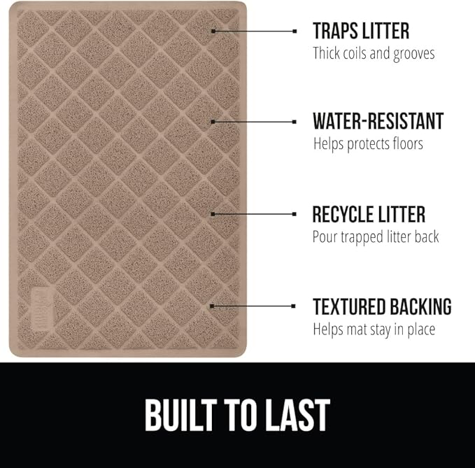 GORILLA GRIP Cat Litter Box Mat, Water Resistant, US Designed Kitty Litter Trapping Mats, Easy to Clean, Scatter Control, Less Mess and Clean Floors, Kitten Supplies for Indoor Cats 24x17 Beige 2 Pack