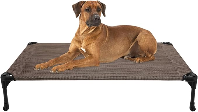 Veehoo Outdoor Elevated Dog Bed Large Sized Dogs, Extra Large Cooling Raised Dog Cots Beds Training Platform Off Ground Hammock with Breathable Mesh, No-Slip Feet, 45"x33", Brown