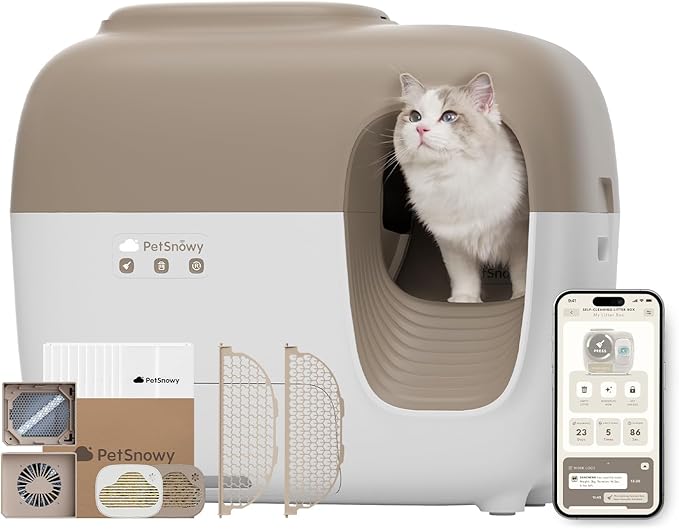 PetSnowy Self-Cleaning Automatic Cat Litter Box with Odor Control TiO2 System, Robot Litter Box with Auto-Packing, App Control, Large Cats & Multiple Cats (2025 Premium Version)