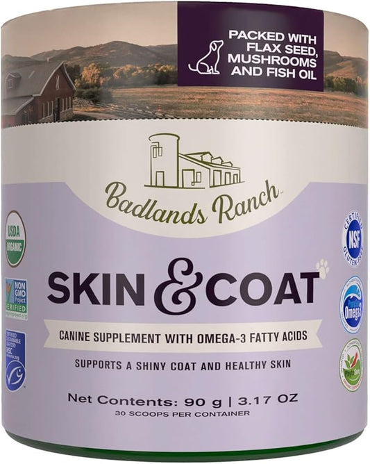 Badlands Ranch - Skin & Coat Canine Supplement w/Omega-3 Fatty Acids, Org. Ingredients, Antioxidant Topper, Nourish Coat &Paws, Joint, Support Shiny Coat & Healthy Skin by Katherine Heigl (30 Scoops)