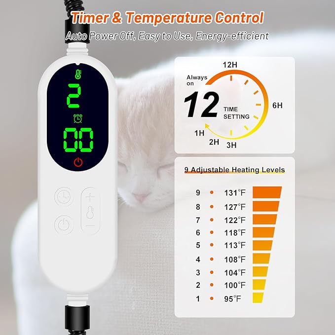Pet Heating Pad for Cats Dogs, Electric Heated Dog Bed Indoor with Timer, 9 Level Temperature Heated Pet Bed with Chew Resistant Cord, Auto Power-Off Dog Cat Heating Pad