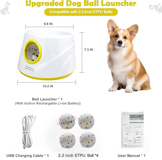 Automatic Dog Ball Launcher, Upgraded Interactive Dogs Balls Thrower for Small and Medium Dogs, Distance Adjustable Mental Stimulating Dog Toys with 4 Durable Etpu Balls 2.2 Inch (Yellow)