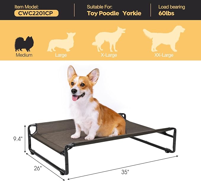 Veehoo Original Outdoor Elevated Dog Bed, Cooling Raised Dog Cot for Medium Dogs, Portable Standing Pet Hammock Platform with Washable Breathable Mesh, No-Slip Feet, Medium, Brown, CWC2201