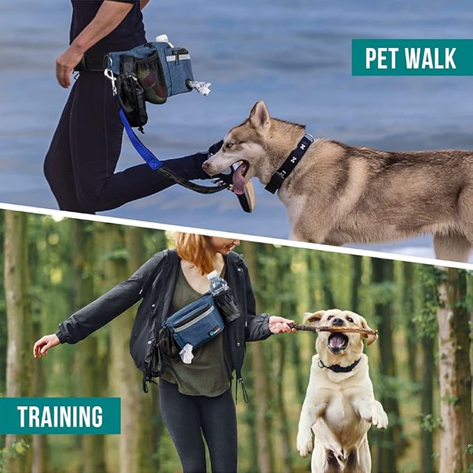 PetAmi Dog Fanny Pack, Treat Pouch for Dog Walking, Training, Built in Poop Bag Dispenser, Water Bottle Holder, Collapsible Bowl, Pet Treat Waist Belt for Hiking, Running, Kibbles (Navy Blue)