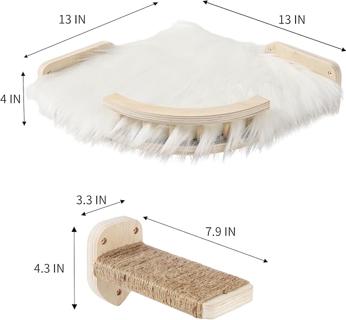 Cat Wall Shelves - 3 Steps Scratch Post & Hammock Bed with Plush Cover, Climbing Shelf for Indoor Cats (Wood)