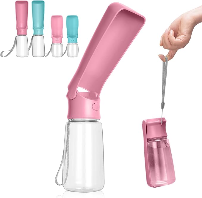Portable Dog Water Bottle - Foldable Dog Water Dispenser | Leak Proof & Food Grade Plastic Travel | Pet Water Bottle for Cat Outdoor Walking Hiking Travel（US） (Pink, 19oz)
