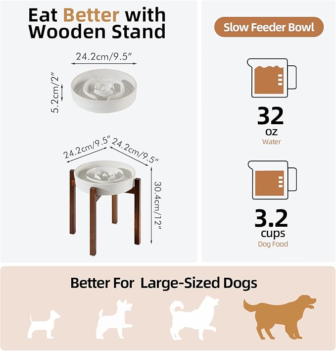 Ceramic 3.2 Cup Raised Slow Feeder Dog Bowl Set, Elevated Acacia Wood Stand for Large Dog, 9.5inch Slow Dish, Preventing Choking(Single Bowl+ Stand, Reactived Glaze -White)