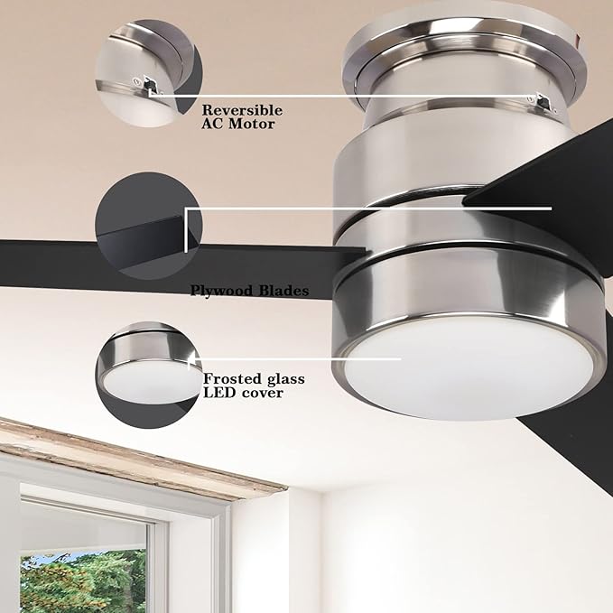 52 Inch 3-Blade Silver Low Profile Ceiling Fan with Led APP Control, Alexa/Google Assistant Control |Needs Ground/Live/Neutral Wire, No Remote,No Hub Required|Reversible|Schedule&Timer|