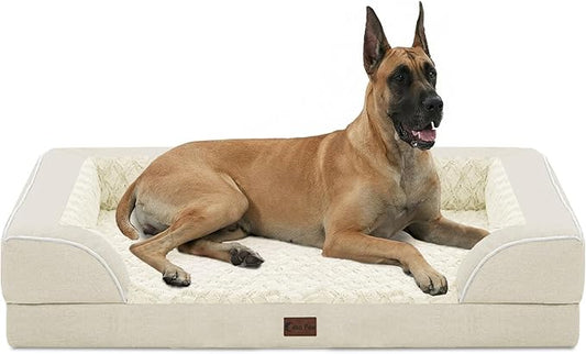 Orthopedic XXL Dog Beds, Waterproof Memory Foam Big Pet Bed for Extra Large Sized Dogs 53x42Inch, Non-Slip Bottom and Egg-Crate Foam Dog Couch Bed with Washable Removable Cover, Beige