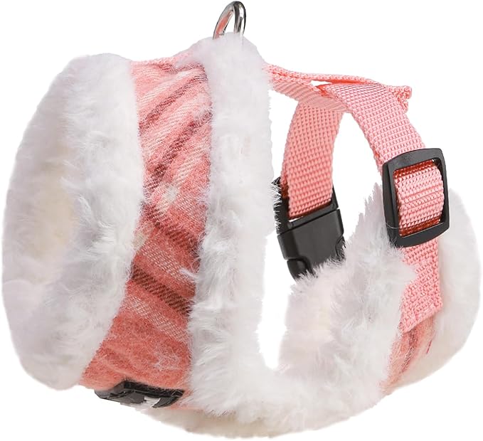 SCENEREAL Small Dog Harness Collar and Leash Set, Mesh Plush No Pull Puppy Vest Harness, Warm Fleece No Chock Step in Small Pet Halter for Outdoor Walking Training, Pink Plaid XS